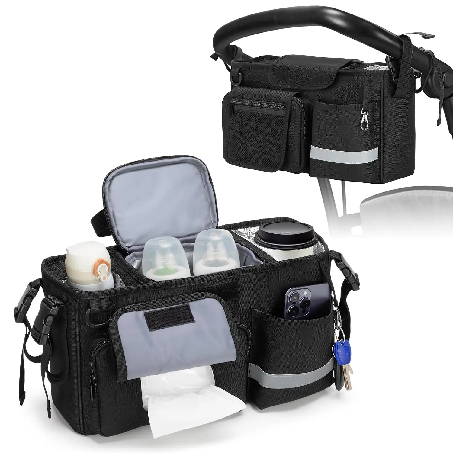 Parent Console Stroller Organizer Compatible with WONDERFOLD W&X, 2 Insulated Cup Holders, Removable Cooler Bag, Black, Patented Design
