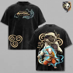 Aang Washed Tee – Avatar The Last Airbender Anime T-Shirt, Last Airbender Avatar Peaceful Monk Balance of Four Elements Destiny to Restore Harmony Kind Heart Hero Journey Vintage Streetwear