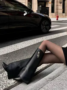 Women's Foldable High Heel Boots, Pointed Toe Design, Lock Shape Fashion Decoration, Knee-High Long Boot, Perfect Trendy Choice