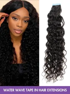 20pcs Tape in Hair Extensions, Human Hair Water Wave, Natural 1b, 12-22 Inch, Seamless Double Sided, Invisible Hair Extensions, Natural Wavy Hairpieces