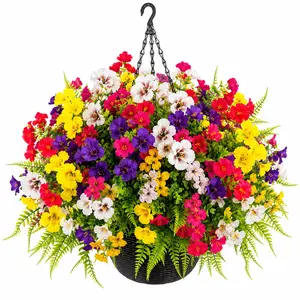 12/48 Pcs Artificial Flowers UV Resistant Faux Flowers for Outdoors Decoration, Silk Morning Glory, Daisy, Pansy with Green Boston Fern Realistic Faux Flowers for Outside Planter Porch Yard Patio Garden Home Indoor, Artificial Flowers for Outside, no pot