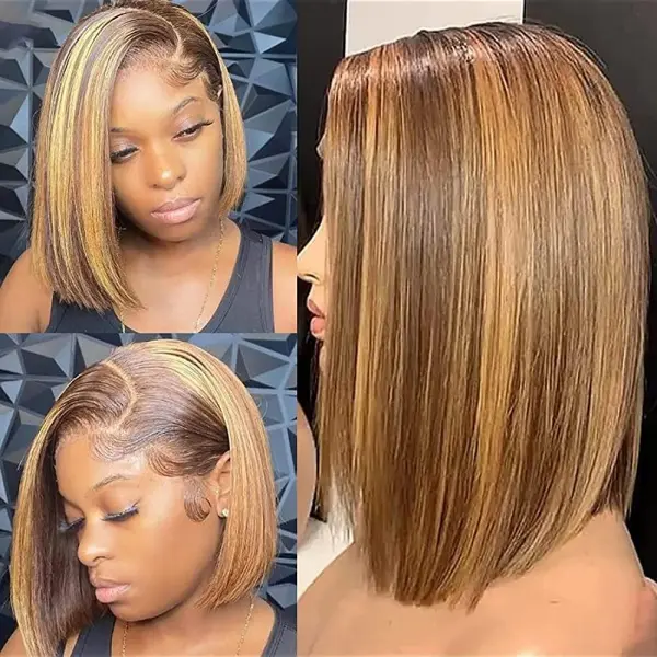 TiktokShop ChristmasGift   Human Hair Straight Ombre Honey Blonde 13x4 Transparent Lace Front Bob Wig 13x4 Wigs 8-14inch 4/27 Colored Transparent Frontal Lace Wig