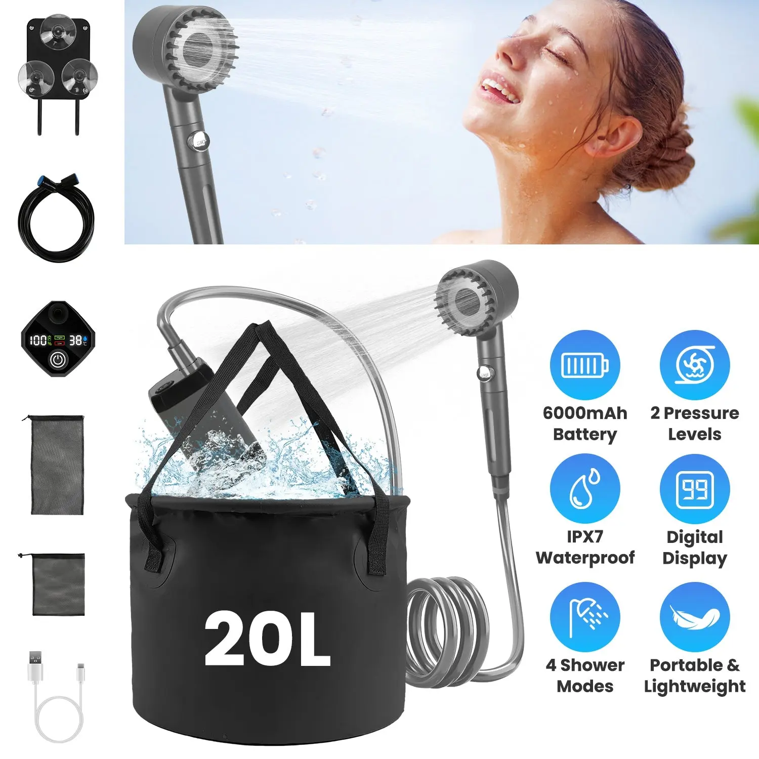 🚿 Portable Camping Shower with 5.3 Gallon Bucket