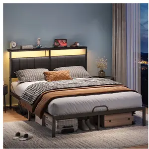 Full Bed Frame with Upholstered Headboard, LED Lights & Power Outlet | Modern Platform Metal Bed, No Box Spring Required, Black