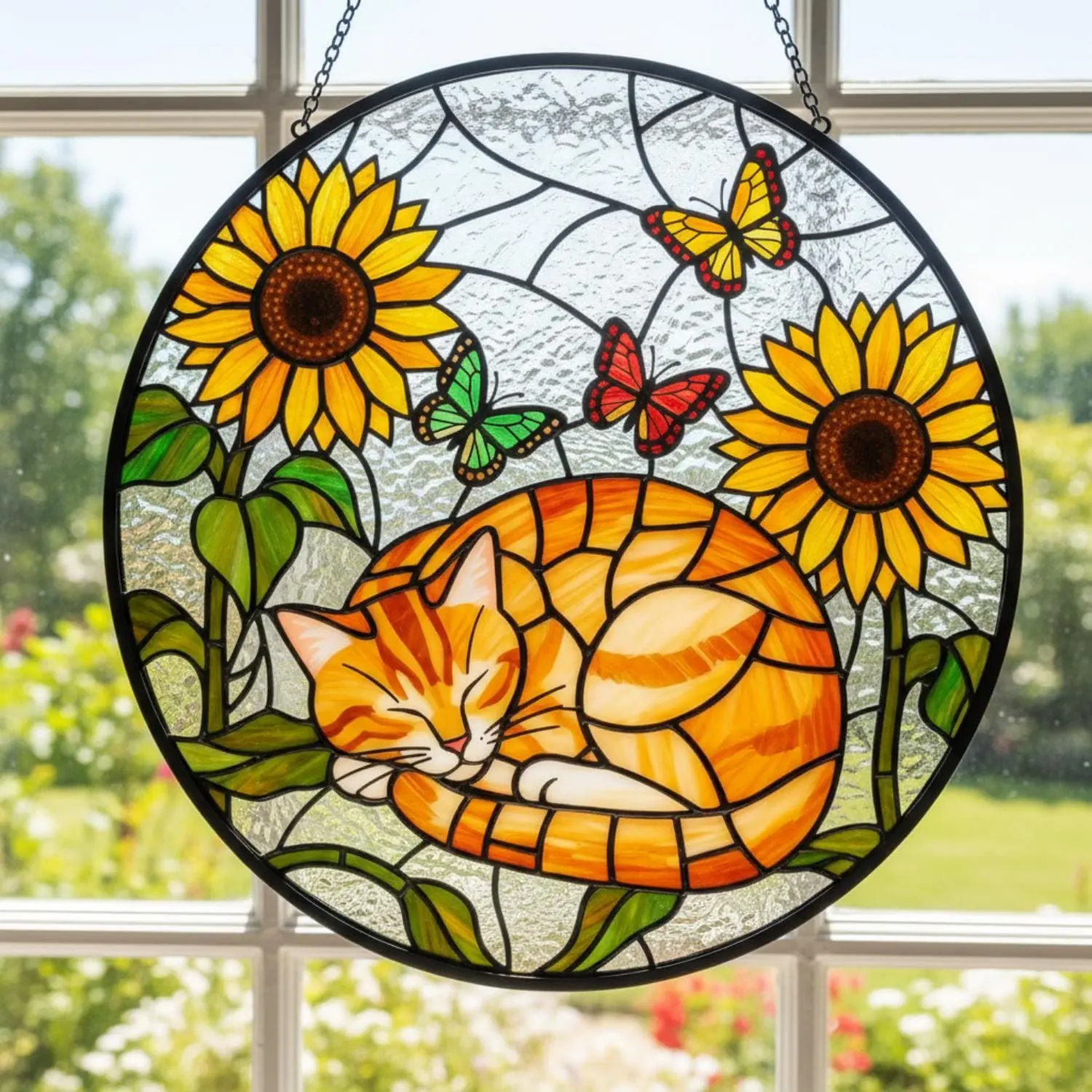 [Made in US] Sleeping Cat Stained Glass Suncatcher, Orange Tabby & Sunflowers Window Hanging, Cat Lover Decor, Pet Memorial Gift, Gift for Mom