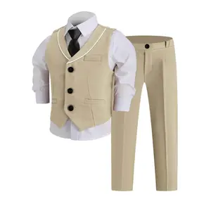 Boys' formal vest 3-piece set (vest + pants + tie), suitable for weddings and special occasions, page boy suit, prom dress, elastic waistband, fashionable formal wear (excluding shirt) - 24102