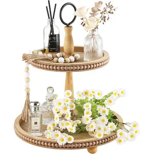 Beaded Tiered Tray Stand, Rustic Wooden 2 Tier Decorative Tray with Bead Garland, Farmhouse Round  Serving Tray Counter Centerpiece for Coffee Bar Home Decor Holiday Housewarming Gifts (Brown)