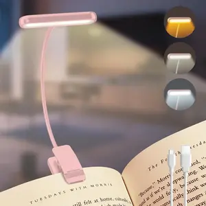 Rechargeable Adjustable Height LED Reading Lamp, Three Color Temperature Changeable Goose Neck Light, Book Clip-On Lamp, USB Charging, Plastic