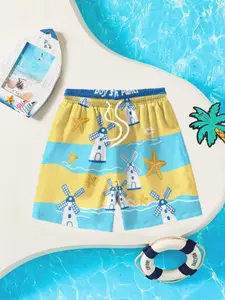 Boys' Quick-Dry Casual Shorts Trunks, Random Pattern Design, Lightweight Breathable Fabric, Ideal for Summer Beach, Pool, Outdoor Activities