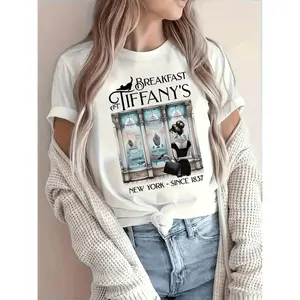 Elegant Alphabet Print T-Shirt Featuring Breakfast at Tiffanys Inspired Design Ideal for Spring and Summer Casual Wear