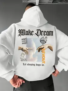 Men's Front & Back Double-Design Creation of Adam Artistic Hand Pattern + "Make Dream" Cursive Font + Angel & Devout Logo Print Oversized Hoodie Retro Art Cool Style Graphic Design Loose Comfort Fit Balancing Style Texture & Daily Adaptability Stylish Top