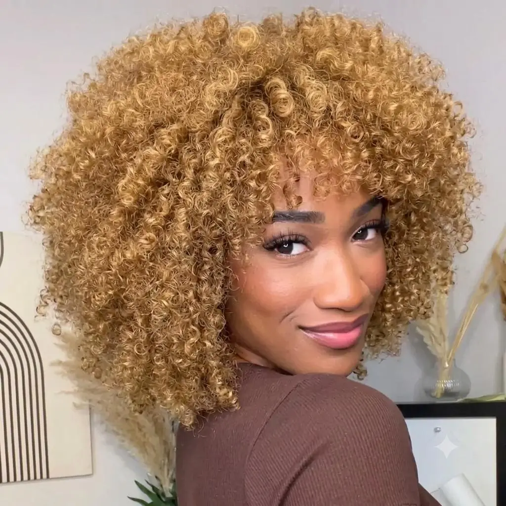 Premium Synthetic Short Loose Curly Wig Easy Throw-and-Go  | Fluffy Afro Hairpiece with Bangs for Women | Gorgeous Ombre & Highlights Available
