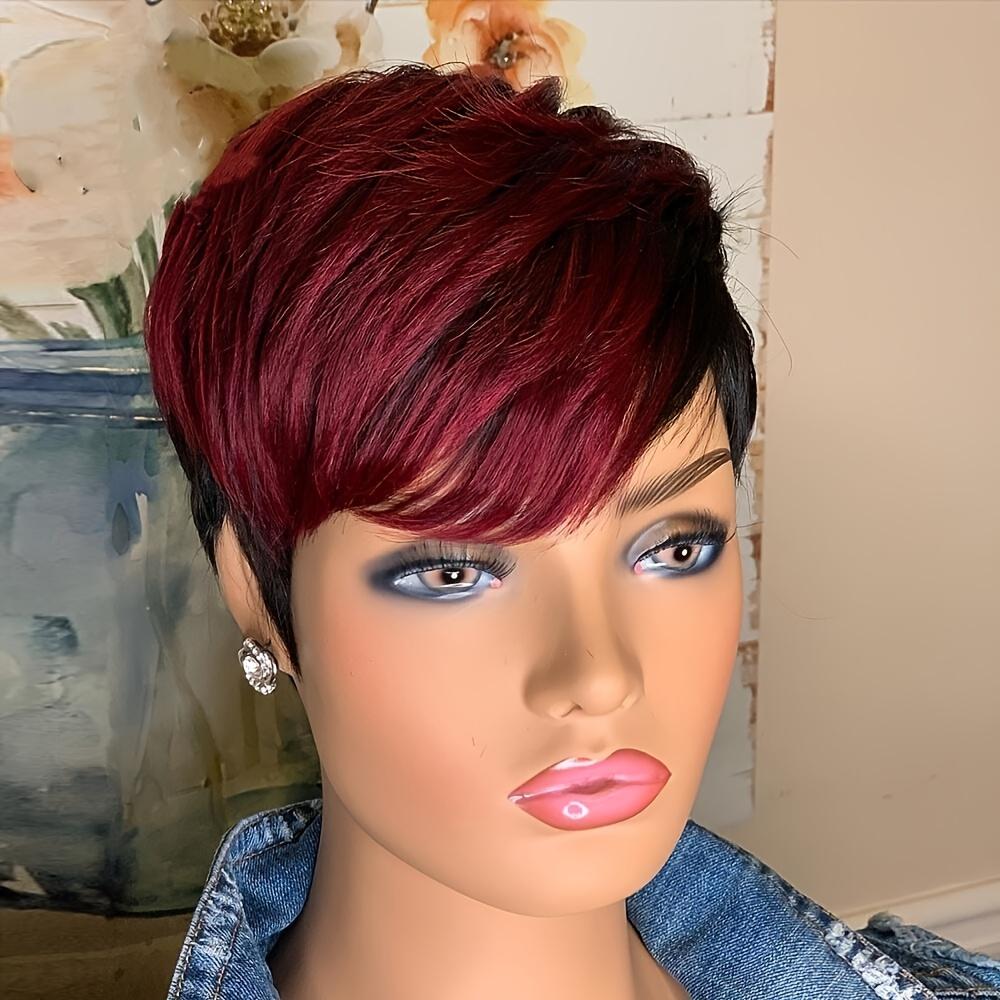 Short Synthetic Pixie Cut Wig – Wine Red & Black Straight Bob with Highlight – New Fashion Style