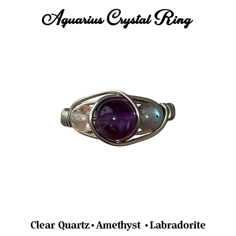 Aquarius Zodiac Crystal Ring, Clear Quartz Amethyst Labradorite Ring, Aquarius Birthstone Ring, January February Zodiac Jewelry