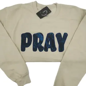 Gildan Pray Tan and Blue Applique Embroidery Sweater Menswear Outfit Fabric Hoodie hoodie life