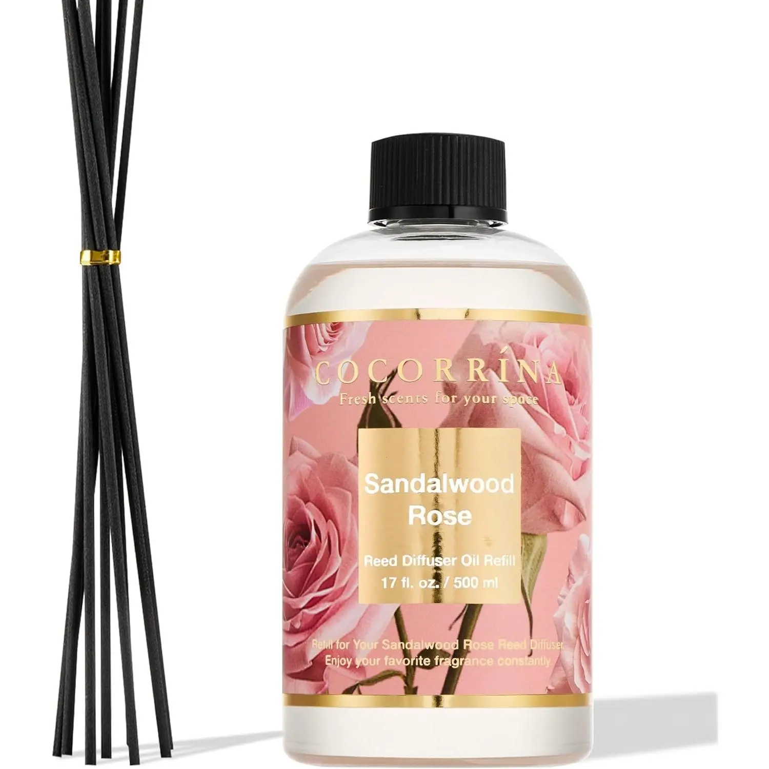 Premium Sandalwood Rose Scented Aroma Reed Diffuser Refill Bottle - 17oz (500ml), Includes 8 Sticks, Long-Lasting Essential Oil Freshener, Recyclable Multi-Functional Indoor Home Fragrance for Bedroom, Bathroom Decor, Room Freshening