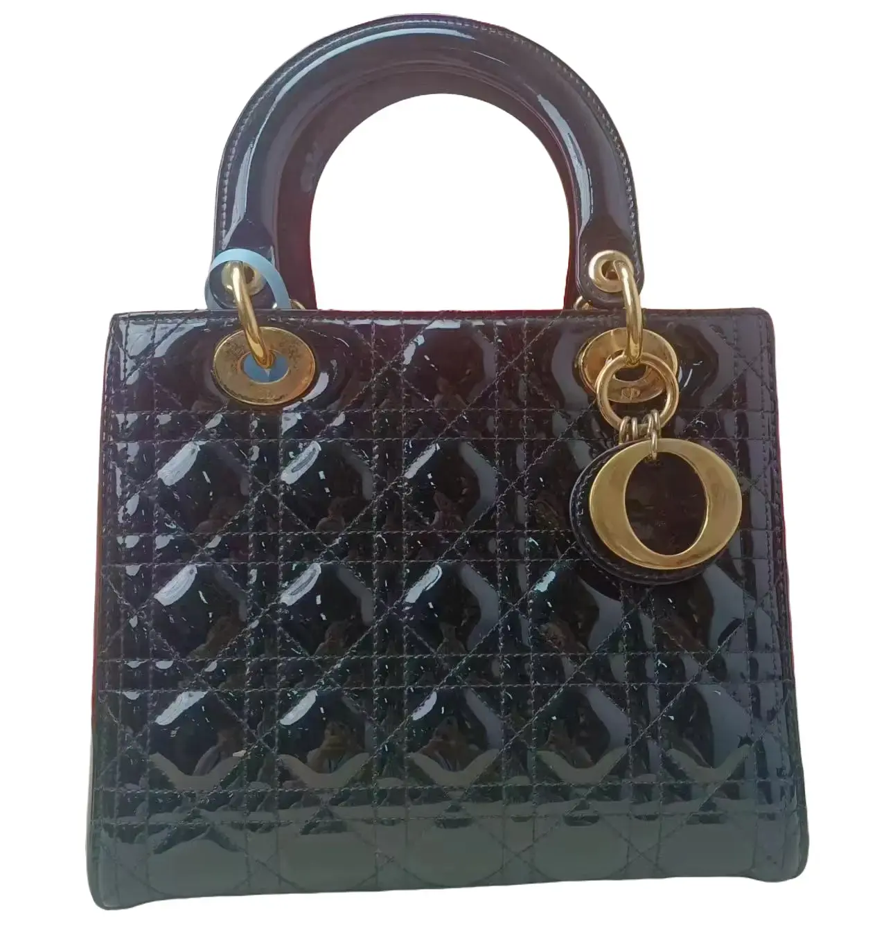 Pre-owned Dior Medium Lady Bag, Black Patent Leather Five Cannage, Gold Hardware Handbag