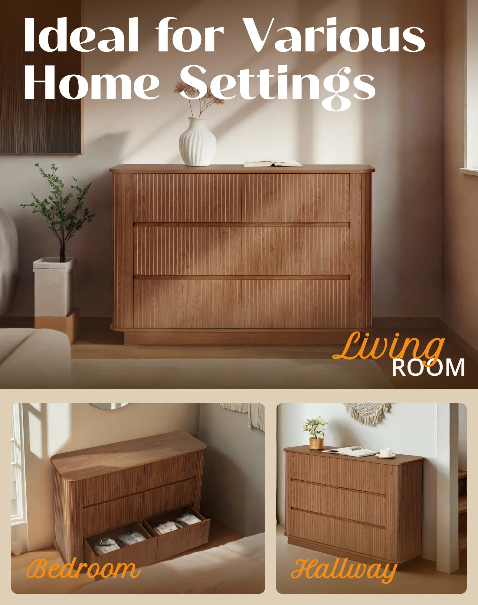 brown long dress long sleeve Bohemian Solid Wood 3-Drawer Fluted Dresser Light Brown main image 1