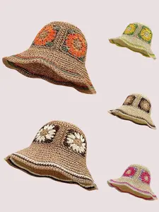 Women's Boho Straw Hat, Beach Vacation Beach Outing Ethnic Style, Sun Protection Fisherman Cap, Vintage Floral Patchwork, Foldable Design Travel Sandhat