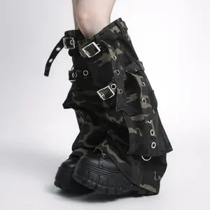 Techwear Style Unique Subculture Heavyweight Camo Washed Distressed Denim PunkWasteland Baddie Tie-Up Leg Warmers For Women