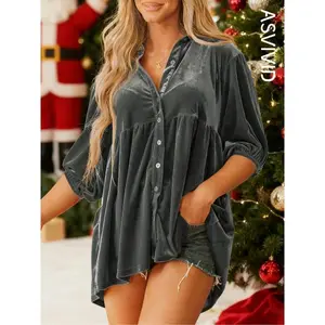 Women's Plain Bishop Sleeve Button Front High Low Hem Velvet Shirt, Casual Half Sleeve Collared Blouse for Spring & Fall, Ladies Clothes for Daily Wear