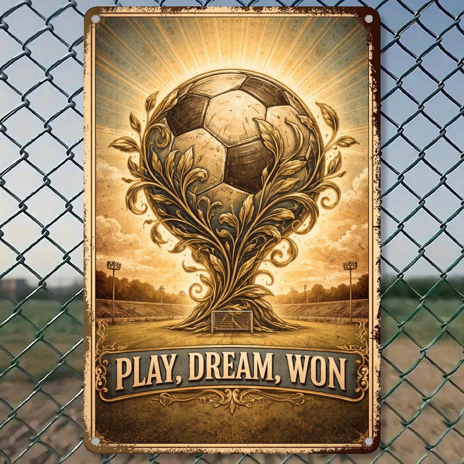 Vintage Soccer Art Print – Play, Dream, Won – Retro Football Poster for Home, Office, or Sports Room