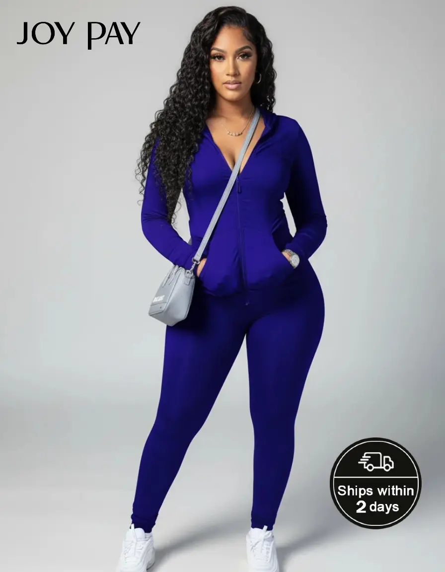 JOYPAY Women's 2-Piece Stretchy Polyester Casual Tracksuit Set - Long Sleeve Zip-Up Hoodie with Kangaroo Pockets, High-Waisted Pull-On Leggings, Breathable Synthetics, Streetwear Sporty Chic, Plus Size Up to 3XL, Cold Wash, Zip Closure