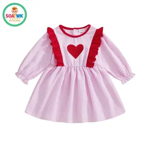 Little Girls Valentine's Day Dress Long Sleeve Round Neck Heart Embroidery A-line Dress