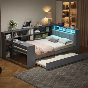 Twin Size Platform Bed with Storage Shelves, Trundle, Charging Station, LED, Desk and Upholstered Headboard, Wood Daybed Frame with Sturdy Slats, No Box Spring Needed