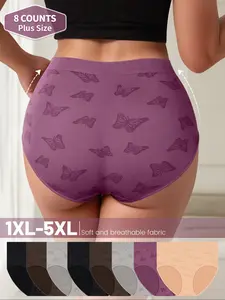 8 Pack Plus Size Women's Triangle Panties, Breathable Panties, Soft Printing Butterfly Design, High Quality Skin-Friendly Underwear, Casual All Seasons Fit