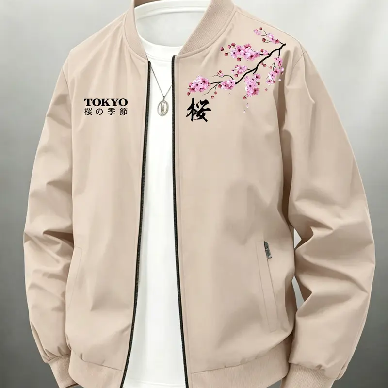 Men's Casual Stand Collar Jacket with Cherry Blossom Graphic Print, Versatile Zipper Closure Design, Perfect for Everyday Wear, Coats, Casual Zipper Outerwear, Casual Jackets