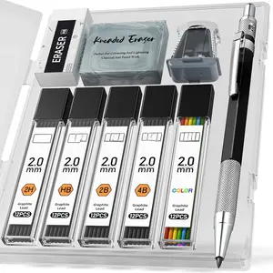 2MM Mechanical Pencil Set with case, Artist Led Pencil Metal Lead Holder with 60 count Graphite Lead Refill (HB, 2H, 2B, 4B, Color) Kneaded Eraser, Sharpener for Writing, Drawing, Sketching