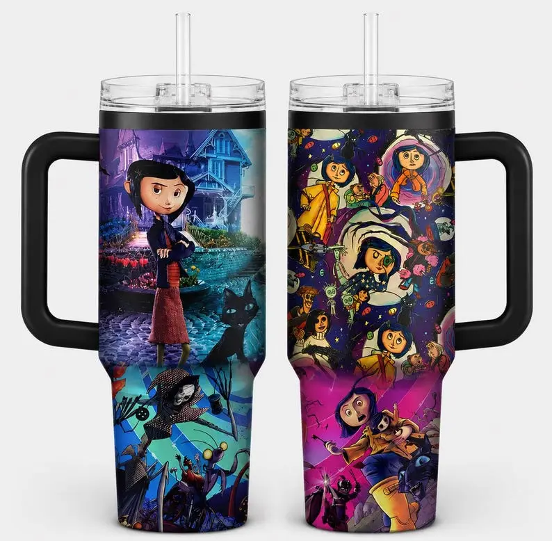 Coraline Movie Tumbler 40oz Premium Stainless Steel Tumbler With Handle, Button Eyes Cup, Dark Fantasy Aesthetic Mug, Spooky Cute Gothic Cartoon