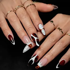 Tortoiseshell Press On Nails, Brown White Abstract Almond Nail Set