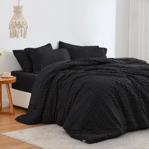Seersucker Black Queen Comforter Set 7, All Season Lightweight Bedding Set, Queen Bed in a Bag Comforter Set with Comforter, Flat Sheet, Fitted Sheet, Pillowcase and Pillow Sham