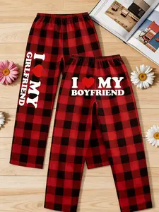 I Love My Boyfriend/Girlfriend Plaid Pajama Loungewear Pants, Red Green Checkered Couple Bottoms, Elastic Waist Cozy Casual Home Wear, Ideal for Lounging, Sleeping & Couple Matching Outfits, Must-Have Heart Love Print Pajamas