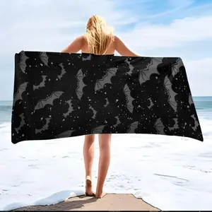 1PC Bat Print Beach Towel, Black with Grey Bat and Star Design, Suitable for Travel, Camping, Yoga, Swimming  Vacation, Bohemian Style