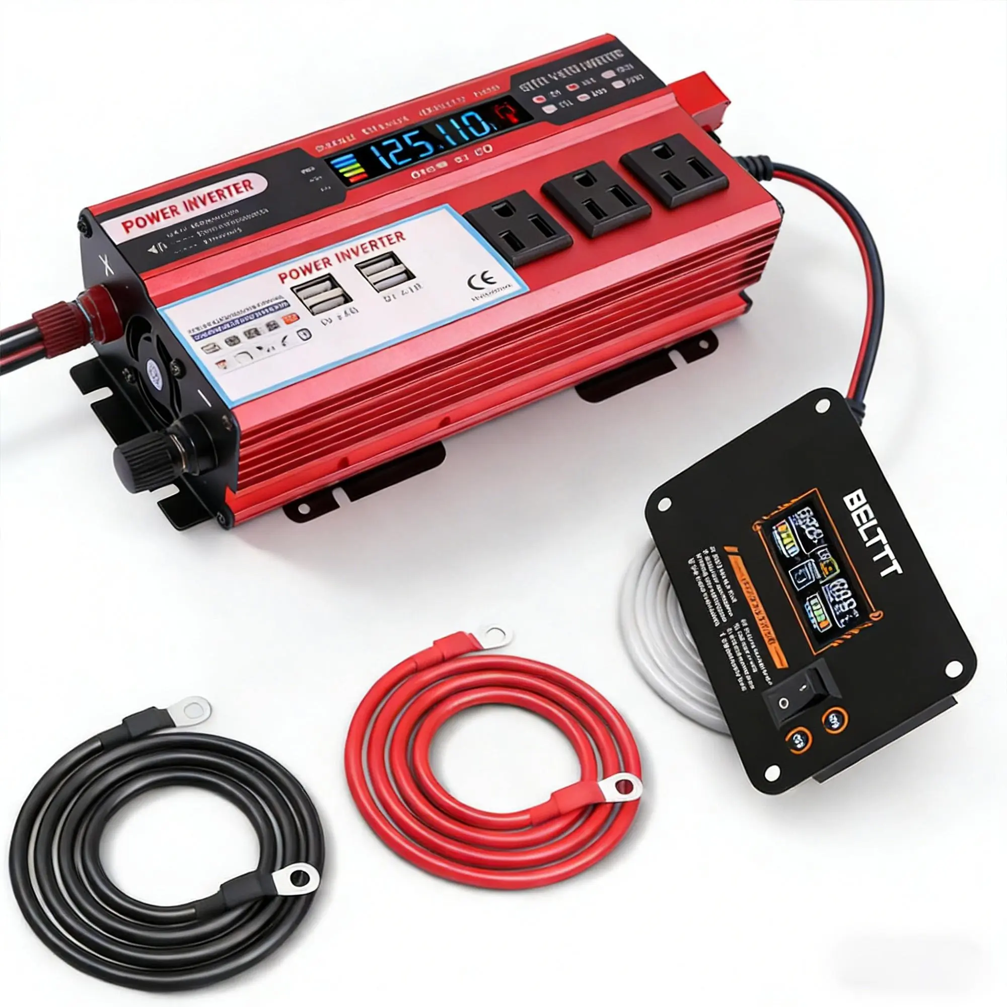 Portable 1000W DC-AC Power Converter (12V to 120V) featuring LCD display, 3 American power sockets and 4 USB charging ports,Supported by cigarette lighter connector and battery clamps, perfect for emergency power supply in vehicles and households.
