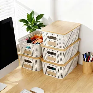 6Pcs Storage Bins with Lids, Stackable Plastic Storage Basket with Bamboo Lid, Pantry Organizer Box Small Containers for Organizing Shelves Drawer Desktop Closet Cabinet Office Classroom 10x7.1x4.1in