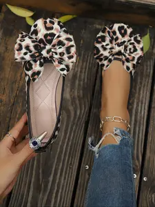 Women's Elegant Bow Leopard Print Slip-On Shoes, Flats, PU Leather Upper, Rubber Sole, Comfortable Thick Bottom, Round Toe, All Seasons