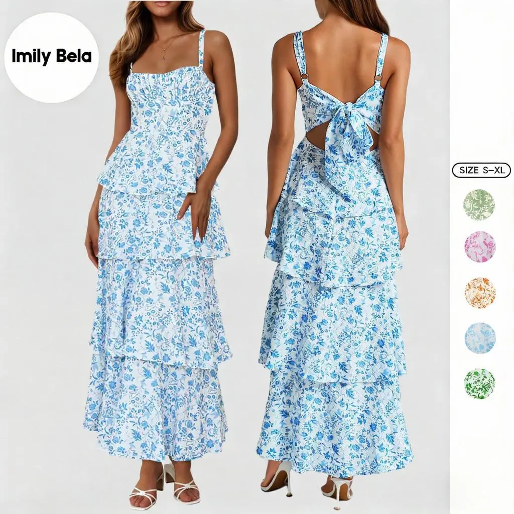 Imily Bela New Womens Floral Maxi Dresses Spaghetti Strap Casual Sleeveless Ruffle Flowy Tiered Dress Comfort Fit Imily Bela New Womens Floral Maxi Dresses Spaghetti Strap Casual Sleeveless Ruffle Flowy Tiered Dress Comfort Fit
