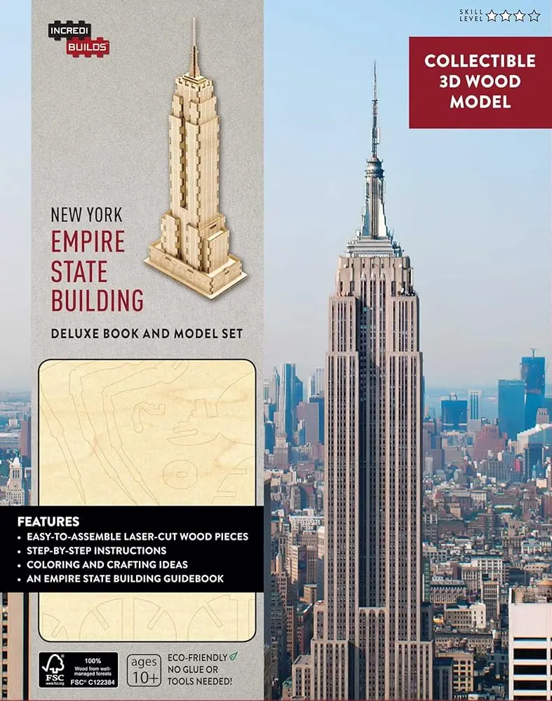IncrediBuilds Collectibles: New York Empire State Building 9-Inch Deluxe Book-and-Model Kit, FSC Certified, Easy-to-Assemble Laser-Cut Wooden Parts