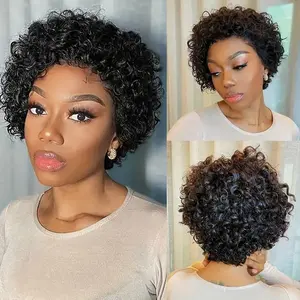 Imani High Quality 8 Inch 13X1 180% Density Pixie Cut Short Curly Human Hair Wigs Pixie Cut HD Lace Front Wigs Human Hair Cheap Wig Natural Black