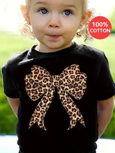 Girls T Shirts Leopard Bow Design Print 100% Cotton Short Sleeve T Shirt