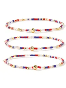 Independence Day Patriotic Beaded Bracelet Set, Boho Style Blue Bangles, Accents, Elastic Wristbands, Perfect Friendship Gift