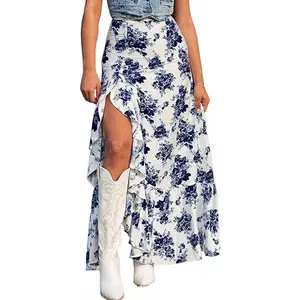Chvity Floral Skirts for Women 2026 Casual High Waisted Wrap Beach Boho Skirt Summer Flowy Ruffle Maxi Skirt with Slit