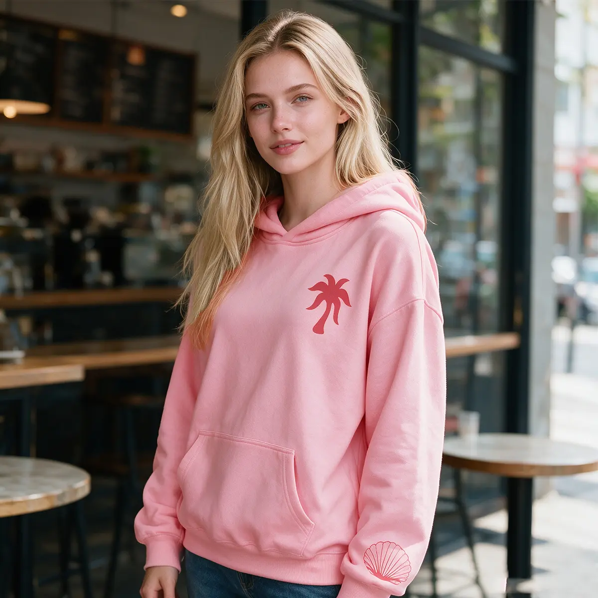 Women‘s Casual Oversized Pink Hoodie Tropical Palm & Shell Print Long Sleeve Pullover Daily Streetwear Sweatshirt