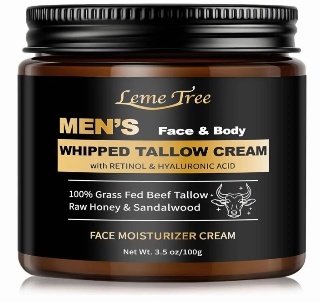 Men's Beef Tallow for Skin, Whipped Grass-Fed Beef Tallow Face Cream, Tallow Balm with Anti-Aging Retinol & Hyaluronic Acid, Mens Skin Care Face Moisturizer, Reduces Wrinkles Lines, Sandalwood, 3.5 OZ