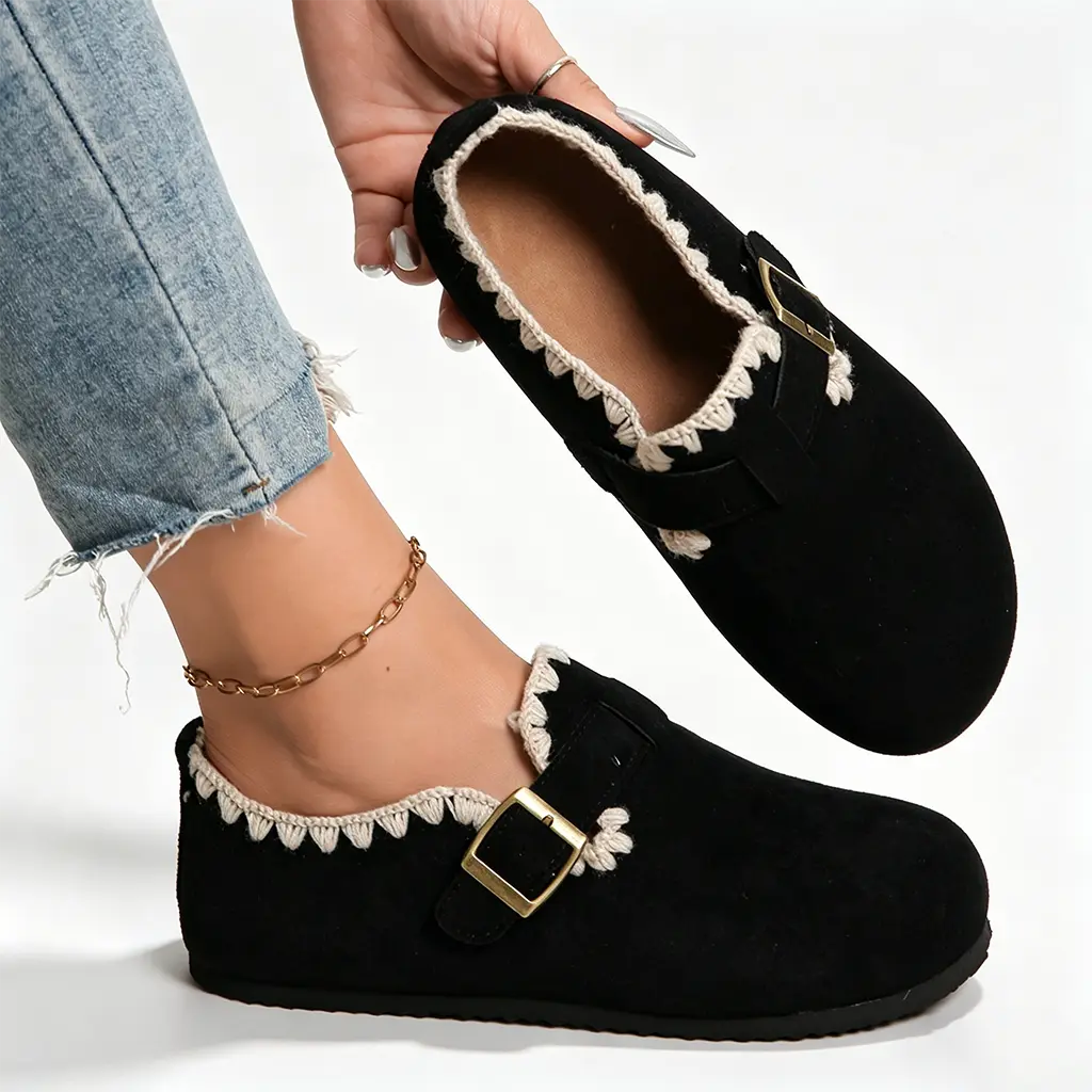Women's Bohemian Loafers, Slip-On Flats with Buckle and Crochet Trim, Soft Cushioned Walking Shoes with Fabric Lining and Non-Slip Rubber Sole, Footwear, Brown Loafers, Tpu, Synthetic