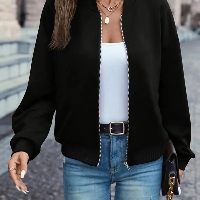 New Fall Winter Women's Solid Color Jacket, Stand Collar Ribbed Sleeve Hem, Elegant Fashion Commuter Coat, Simple High-End Style, Aesthetic